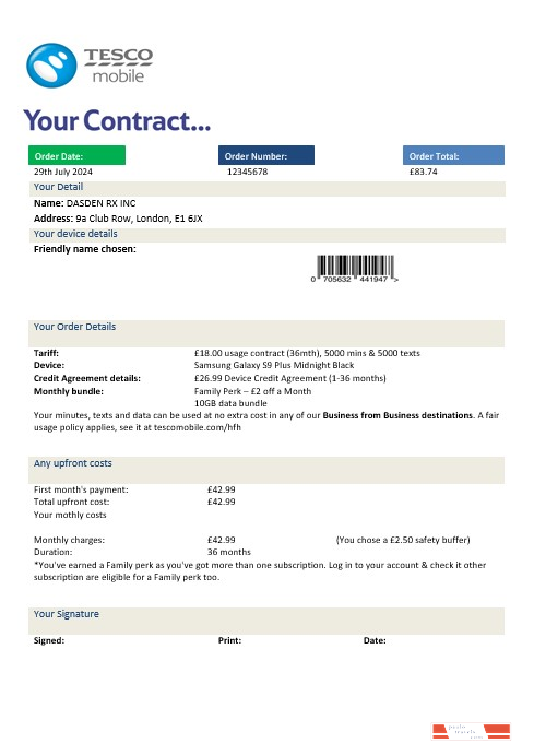 United Kingdom Tesco Mobile business utility bill template in Word and PDF formats
